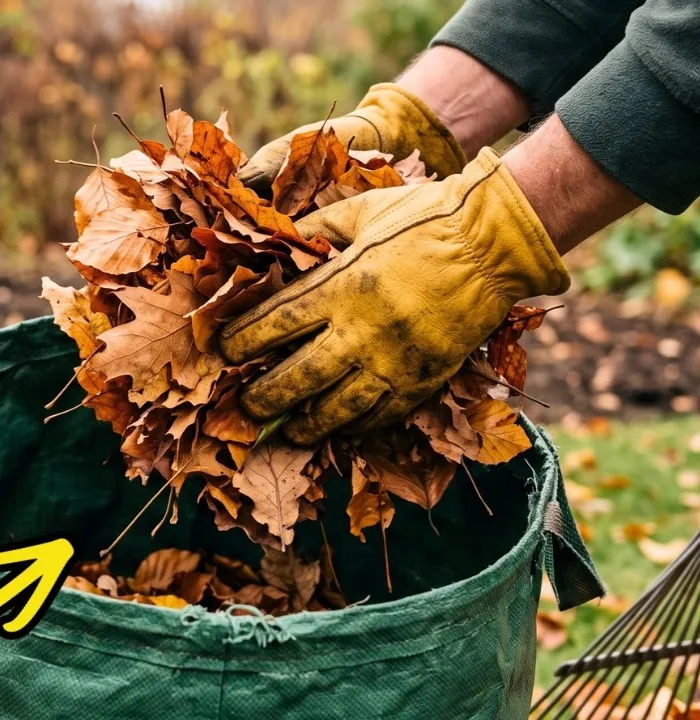 Hände in Arbeitshandschuhen sammeln Herbstlaub in einen Gartensack